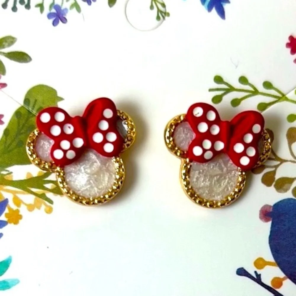 Minnie Mouse inspired Red White Polka Dot Bow Earrings Golden Silhouette Border